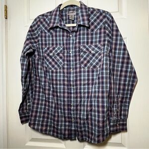 Wrangler Women's Plaid Pearl Button-Down Shirt - Blue and Red Size Medium